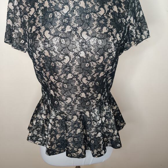 Mango Lace Peplum Top Short Sleeve Black Nude Blouse - Picture 3 of 8
